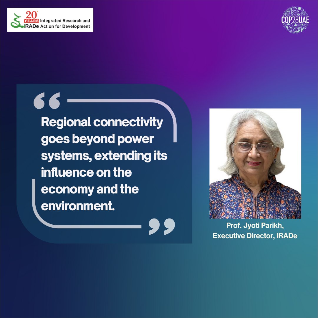 IRADe_Delhi's tweet image. @IRADe_Delhi @ @COP28_UAE

Prof. Jyoti Parikh, Executive Director, IRADe, participated in #COP28 as a panelist at the event organised by the @isolaralliance about “One Sun One World One Grid (#OSOWOG)” on 3 December 2023 at the ISA Pavilion in #COP28, Dubai.