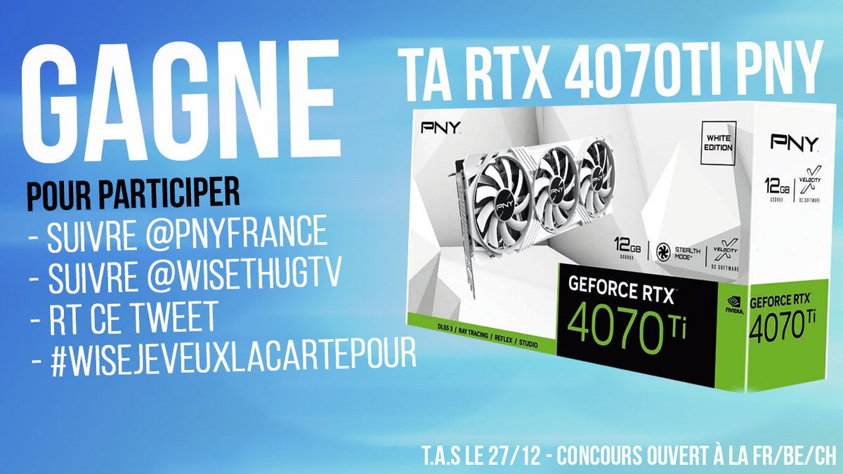 Wisethug (@wisethugtv) on Twitter photo 🏆 #CONCOURS 🏆
Avec <a href="/PNYFrance/">PNY France</a> on vous fait gagner une Carte Graphique RTX GeForce RTX 4070Ti PNY White Edition d'une valeur de 999€ !
Pour participer :
- Suivre <a href="/PNYFrance/">PNY France</a> & <a href="/WisethugTV/">Wisethug</a>
- RT ce tweet
- Répondre avec #WiseJeVeuxLaCartePour et votre jeu préféré !
T.A.S le 🏆 #CONCOURS 🏆
Avec <a href="/PNYFrance/">PNY France</a> on vous fait gagner une Carte Graphique RTX GeForce RTX 4070Ti PNY White Edition d'une valeur de 999€ !
Pour participer :
- Suivre <a href="/PNYFrance/">PNY France</a> & <a href="/WisethugTV/">Wisethug</a>
- RT ce tweet
- Répondre avec #WiseJeVeuxLaCartePour et votre jeu préféré !
T.A.S le