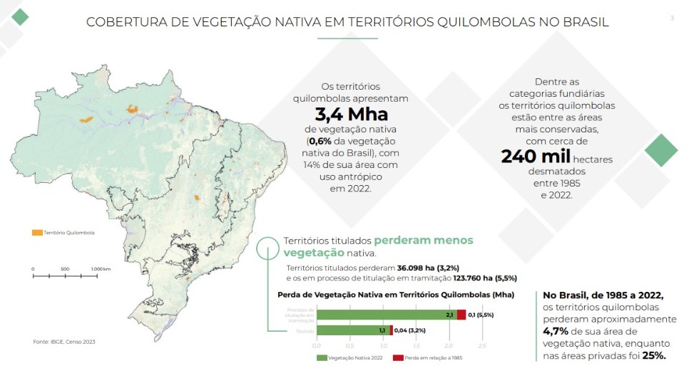 Está aí a importância dos Territórios Quilombolas na proteção da vegetação nativa - de 1985 a 2022, perderam aproximadamente 4,7% de sua área de vegetação nativa, enquanto nas áreas privadas foi 25%, os colocando entre as áreas mais preservadas do país (shorturl.at/gjDWX)