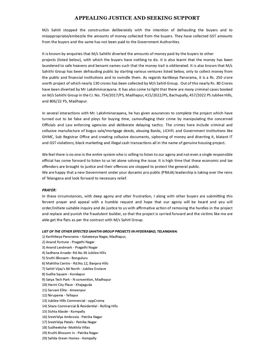 PvsSreenivasu's tweet photo. I along with other buyers are submitting this fervent prayer and appeal with a humble request and hope that our agony will be heard and you will order/initiate suitable inquiry and do justice to us with affirmative action of removing the hurdles in the project🙏
#sahithisufferes https://t.co/MMoGluaKQq