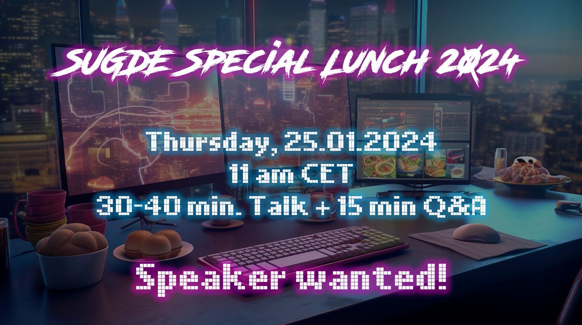 We are looking for a speaker for the #SUGDE special lunch. Thursday, 25.01.2024 11am CET (Online). If you have a topic, feel free to contact me!