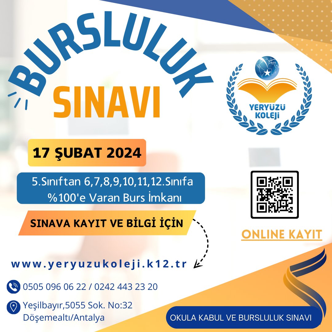 'SEN YERYÜZÜ'NE AİTSİN'
🤓 4,5,6,7,8,9,10,11. Sınıflar
🗓️ 17 Şubat 2024 Cumartesi
📌 Yeryüzü Koleji
🌐yeryuzukoleji.k12.tr/bursluluk-sina…

☎️ 02424432320 / 📲 05050960622
📣 ÖNEMLİ NOT📣
⁉️ SINAV BAŞVURULARINIZI OKULUMUZU ARAYARAK ,WEB SİTEMİZDEN YAPABİLİRSİNİZ.
@dostlarkent