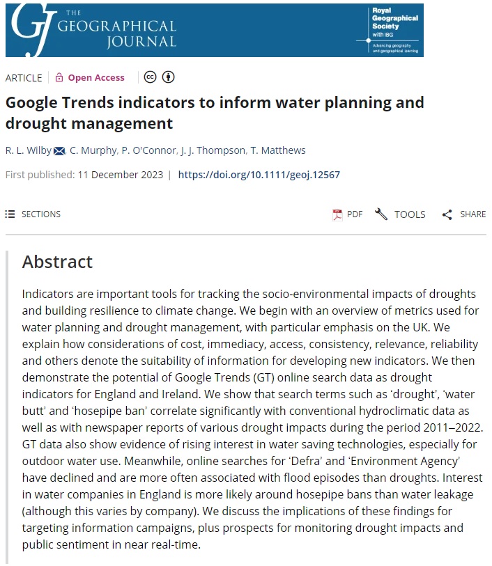 geogjournal's tweet photo. 🚨 New paper published in The #GJ by R. L. Wilby, J. J. Thompson (@lborogeog), @cmurphy2904, @Pk_oconnor (@ICARUS_Maynooth), and T. Matthews (@kclgeography):

'Google Trends indicators to inform water planning and drought management'. #OpenAccess 

https://t.co/ERi19bNNW3 https://t.co/obYzyrZTNC