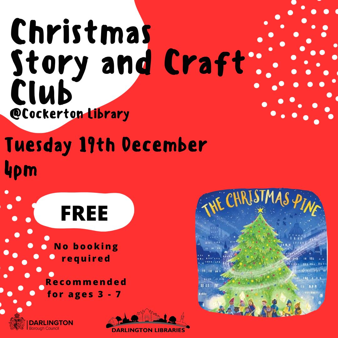 🎄 Christmas Story and Craft Club 📅 Tuesday 19th December 📍 Cockerton Library 🎅 Join Cockerton Library for a Christmas Story and Craft Club end of term special 👑 They will be reading Julia Donaldson's 'The Christmas Pine' and making some Christmas crowns