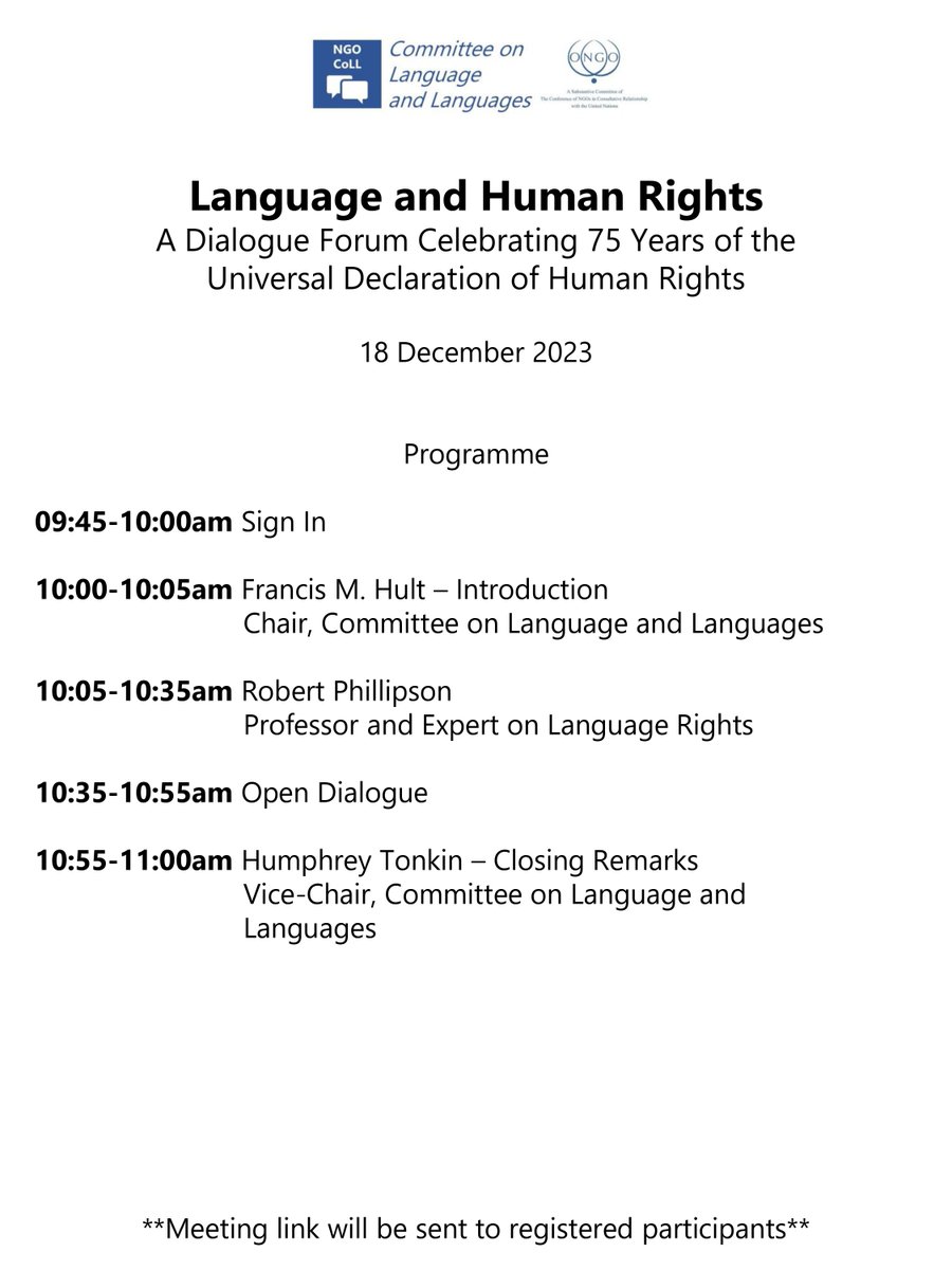 The deadline to register for the online event on 'Language and Human Rights' is coming up in only two days.📢⚖️ Organized by the NGO CoLaL, this will be an opportunity to hear Prof. Robert Phillipson, a world-leading expert on the matter. To register ➡️shorturl.at/qzUZ2