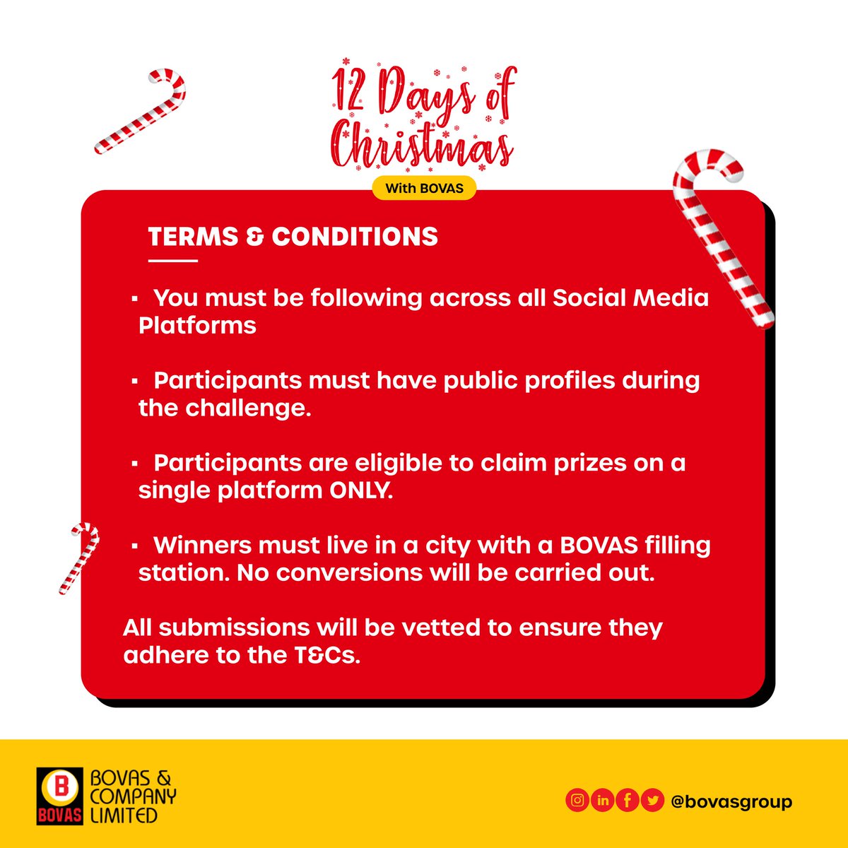 bovasgroup's tweet photo. Santa is coming early!!🎄🎅🏻

Every day, from the 15th of December, we will host 12 Days of Christmas with BOVAS!

Swipe for the details!

As we anticipate tomorrow, ensure you’re doing the following:

🎄Following us across all Social Media platforms.
🎄Have your post notifications on so you don't miss out when we post.

You have till 1 pm daily to submit your answers or entries. 

GOOD LUCK!

#12daysofChristmaswithBovas #Bovas #BetterserviceswithBovas