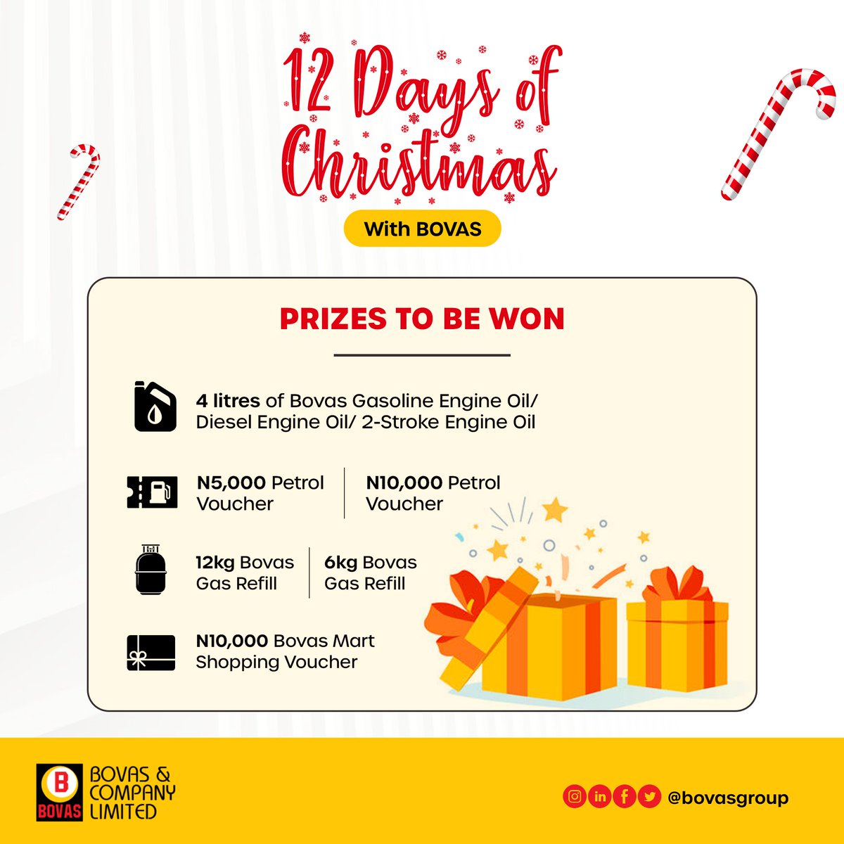 bovasgroup's tweet photo. Santa is coming early!!🎄🎅🏻

Every day, from the 15th of December, we will host 12 Days of Christmas with BOVAS!

Swipe for the details!

As we anticipate tomorrow, ensure you’re doing the following:

🎄Following us across all Social Media platforms.
🎄Have your post notifications on so you don't miss out when we post.

You have till 1 pm daily to submit your answers or entries. 

GOOD LUCK!

#12daysofChristmaswithBovas #Bovas #BetterserviceswithBovas