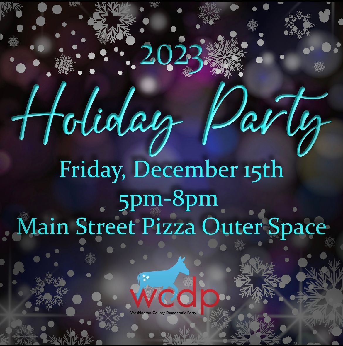 WCTNDP's tweet photo. Don’t forget ! Our annual Holiday Party is from 5-8PM TOMORROW at The Outer Space, which is located  at Main Street Pizza. If you are able, please consider making a $25 donation for the event. https://t.co/avpst5EQdK