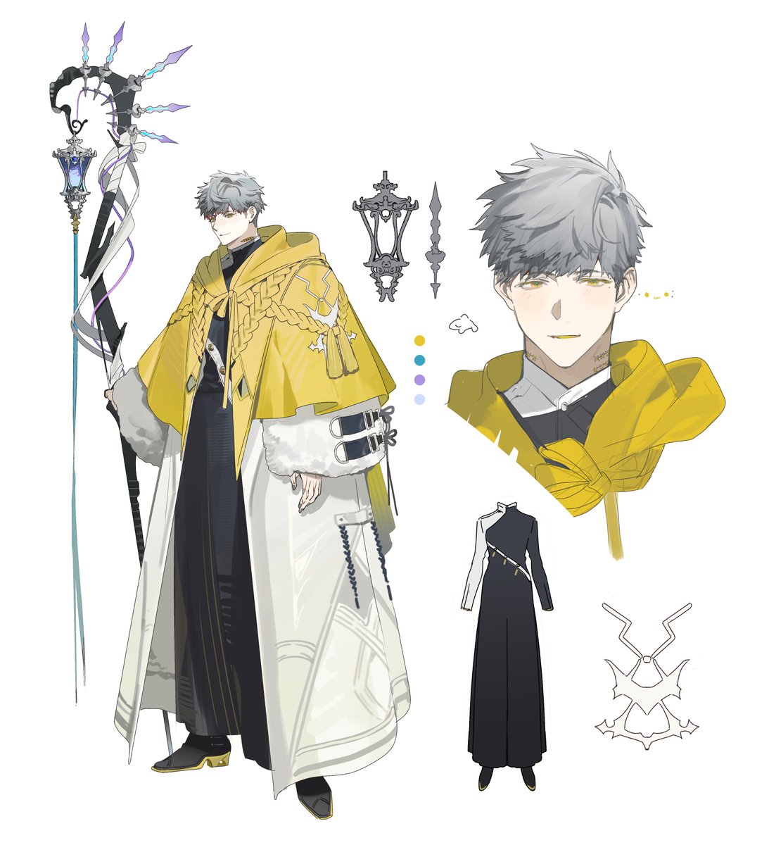 1boy male focus grey hair staff reference sheet holding multiple views  illustration images