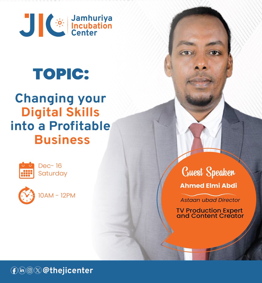 thejicenter's tweet photo. Our Graphic Design and #Freelancing Course is invited by Ahmed Elmi Abdi, who is the director of @Astaan Ubad and a TV production expert &amp; content creator.
Director Ahmed will provide with the youth on changing your digital skills into a successful business.
#Digitalskills #JIC https://t.co/1eLCuuRpX1