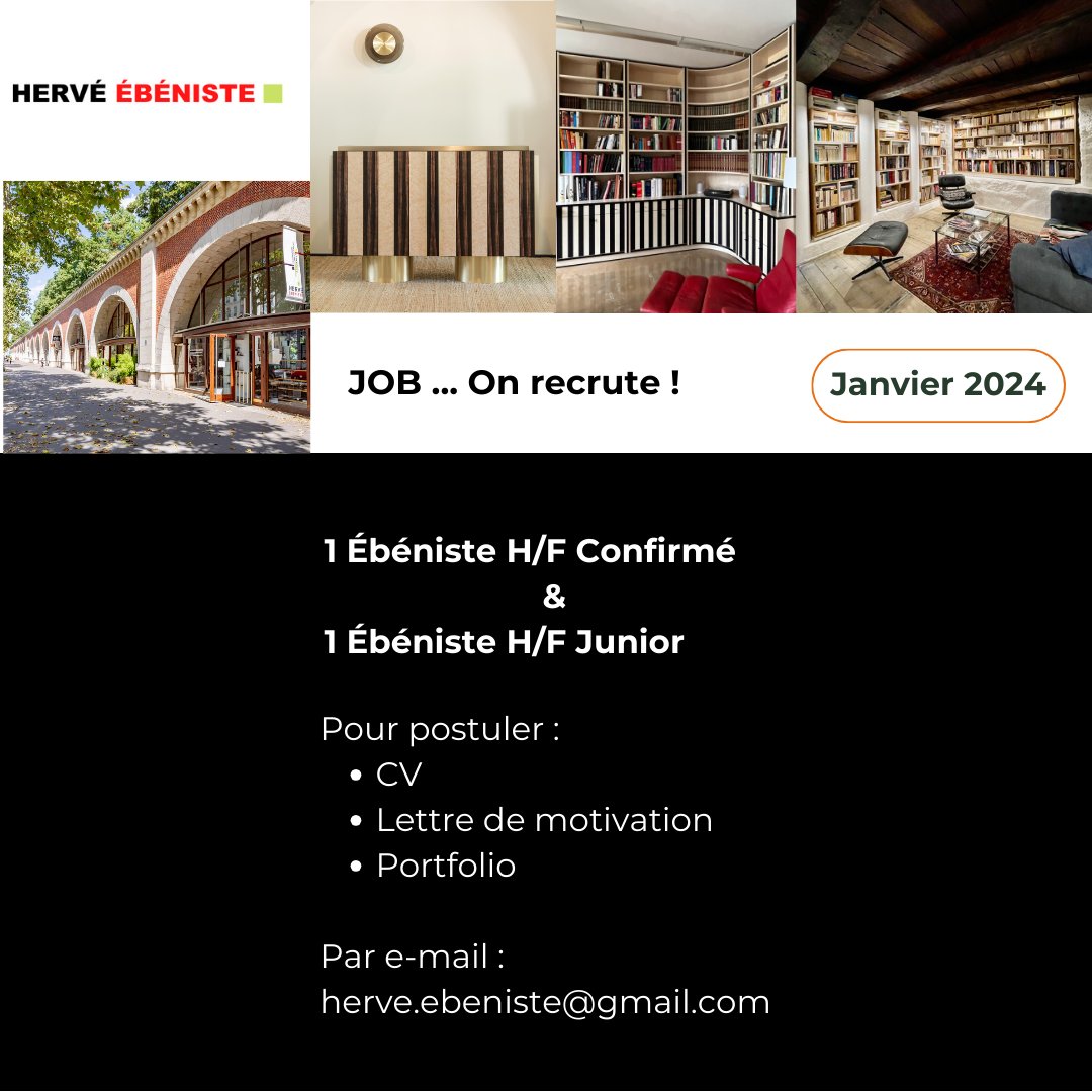 [JOBS ... RECRUTEMENTS ]
L'atelier recherche un Ébéniste confirmé et un Ébéniste junior pour rejoindre l'équipe en 2024.Retrouvez les annonces complètes et postulez  sur Indeed. 
#ebeniste #recrutement #job #emploi