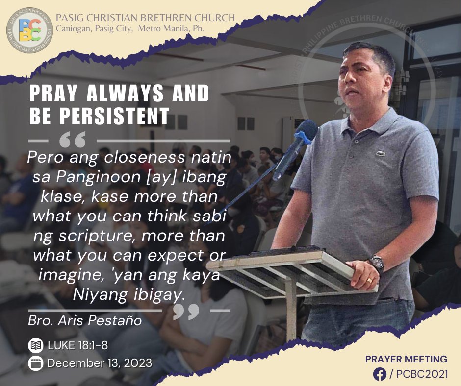 Pasig_PBC's tweet photo. Prayer Meeting | December 13, 2023
๐๐๐ผ๐ ๐ผ๐๐๐ผ๐๐ ๐ผ๐๐ฟ ๐ฝ๐ ๐๐๐๐๐๐๐๐๐๐
Luke 18:1-8
Speaker: Bro. Aris Pestaรฑo
๐๐๐ญ๐๐ก ๐ญ๐ก๐ ๐๐ฎ๐ฅ๐ฅ ๐ฏ๐ข๐๐๐จ ๐ก๐๐ซ๐: https://t.co/mzE5TTnUtI
#PCBC #pasigCBC #SundayService #SundayMessage #PrayAlways #BePersistent https://t.co/Bna9dLdbvO