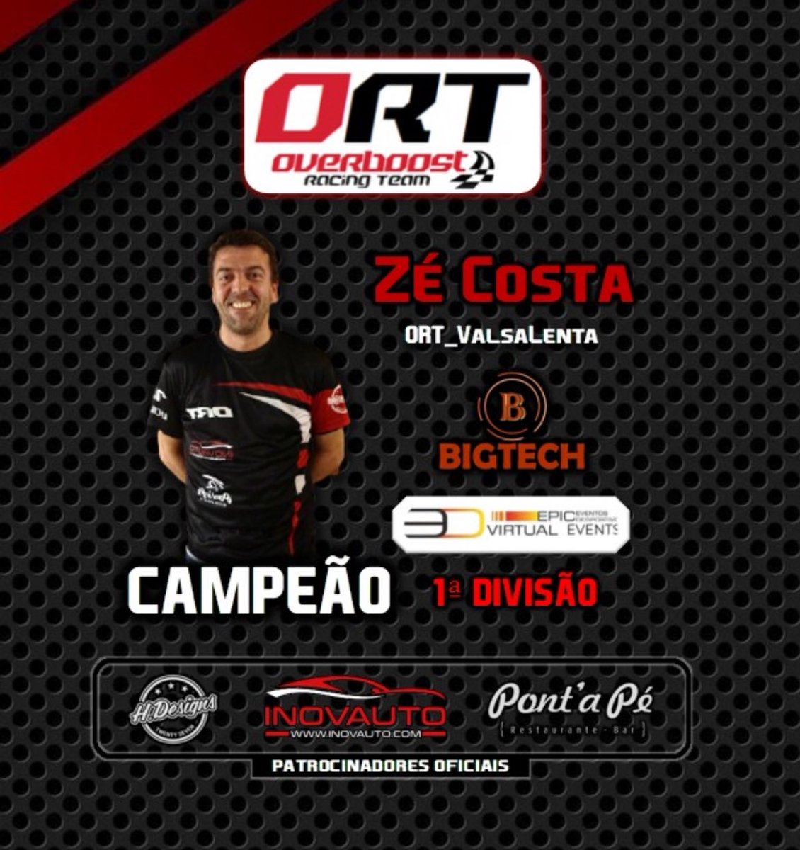 Overboost_RT's tweet image. O nosso piloto Zé Costa (ValsaLenta) sagrou-se campeão da temporada 10 da @epic_eventos, conseguindo assim o PENTA campeonato! 
Zé Costa foi campeão desde a 5.ª Divisão até á 1.ª Divisão, foi chegar ver e vencer! 
Parabéns Campeão 💪

#carregaORT