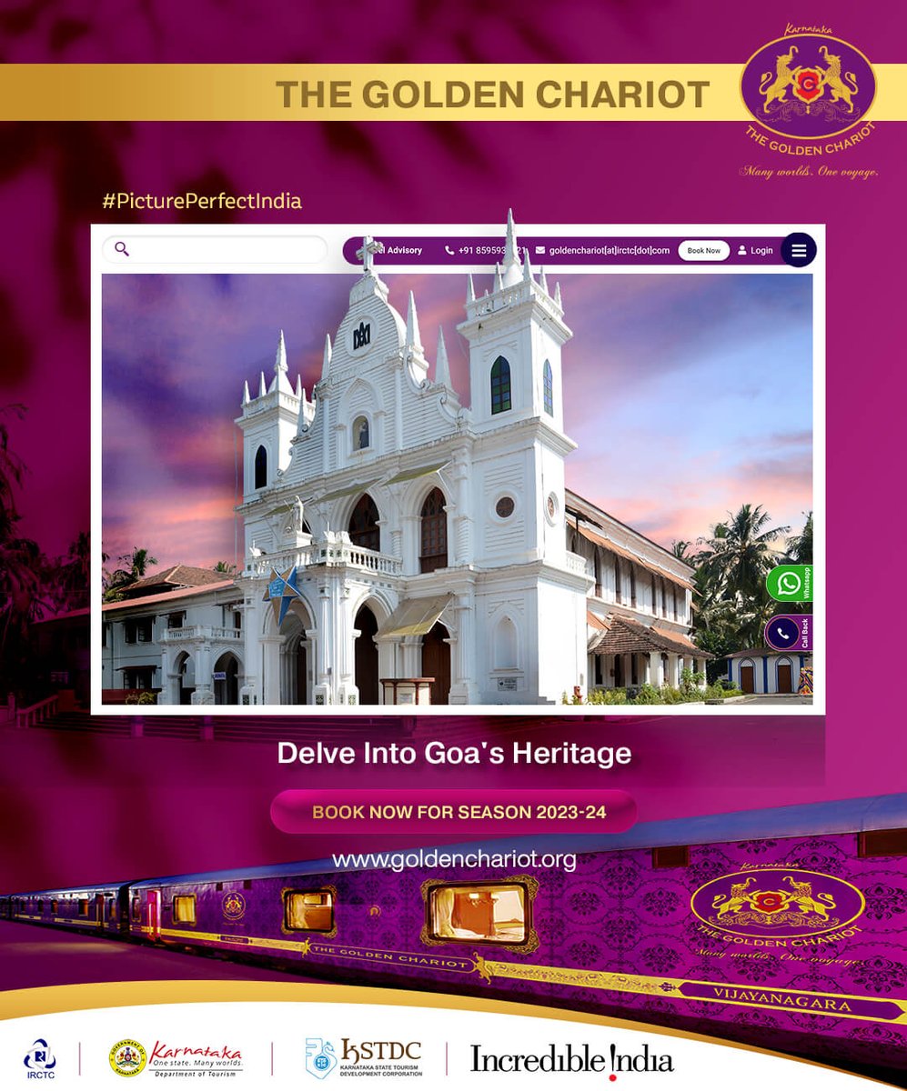 GoldenChariotIR's tweet photo. Delve into the history and splendour of the elegant churches of North #Goa.
Go to the https://t.co/vy5a5ySeOw to book a comprehensive tour across the #PicturePerfectIndia.
#LuxuryTravel #ExploreIndia #IndianTourism #TravelGoa #CulturalExploration #IndiaAdventures https://t.co/xNfRdNvVcx