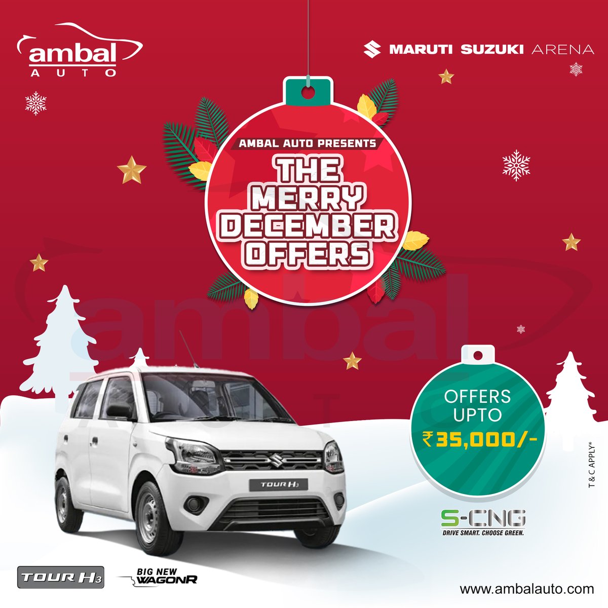 Ready to go green this merry season? You will also get to enjoy the Merry December Offers by Ambal Auto which gives a maximum offer of up to Rs. 35,000 on the Tour H3 Big New WagonR powered by CNG.

#AmbalAuto #SilverJubilee #Nexa #Arena #SCNG #WagonR #TourH3 #MerryDecemberOffers
