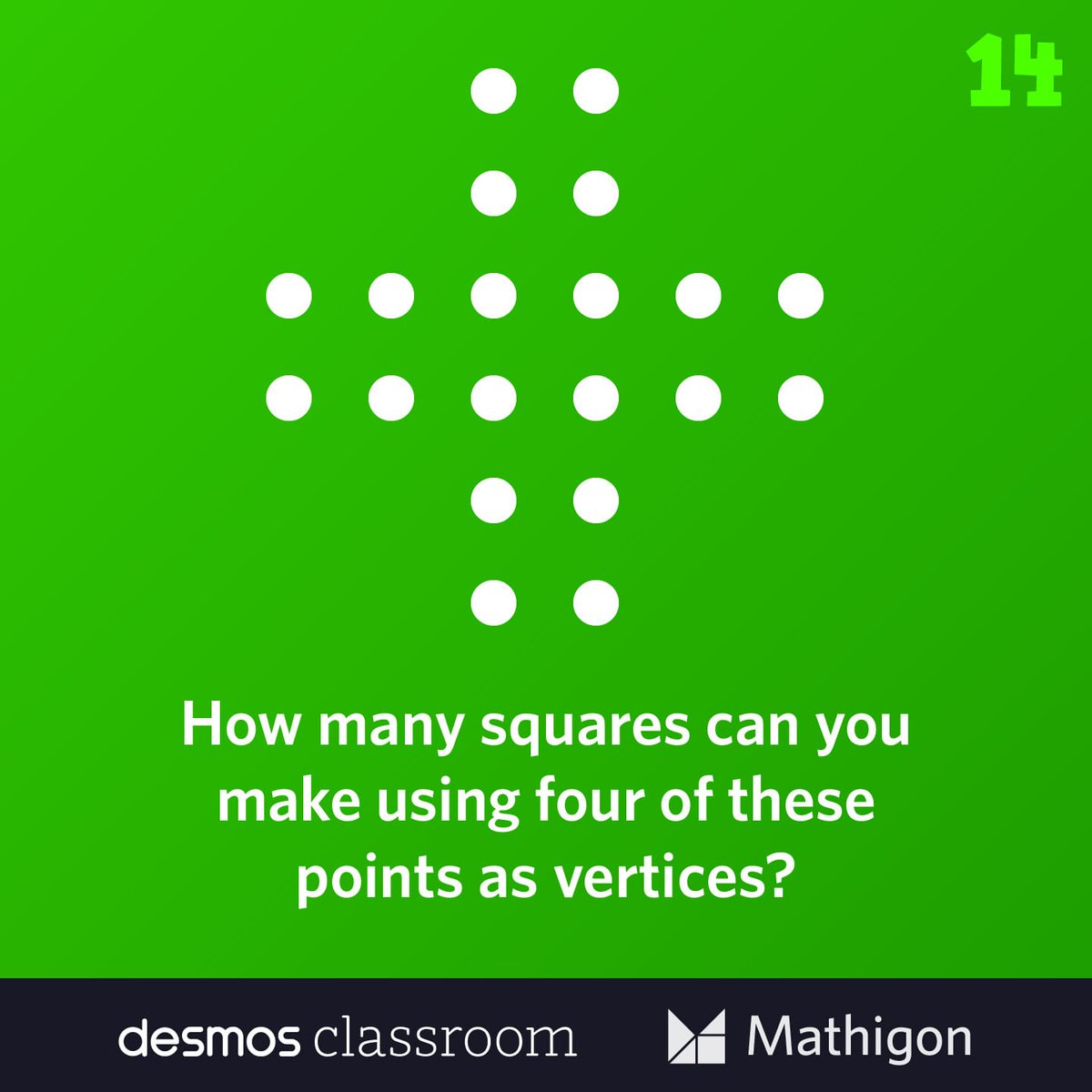 MathigonOrg's tweet photo. DAY 14
How many squares can you make using four of these points as vertices?
All puzzles and solutions at https://t.co/qNnNHDXfo2 #Math #Puzzle #MathigonPuzzles https://t.co/Xx8gfcrN5o