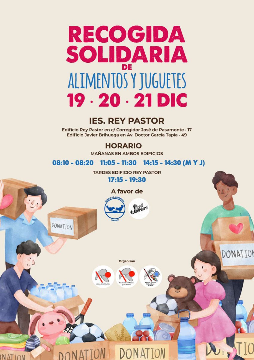 ampa_rey's tweet photo. ¡Ya está aquí la Recogida de Alimentos en nuestro instituto.
No dejéis de colaborar, por favor.
En horario de mañana y de tarde. Os damos todas las facilidades #Navidad https://t.co/ftrWbmfuM8