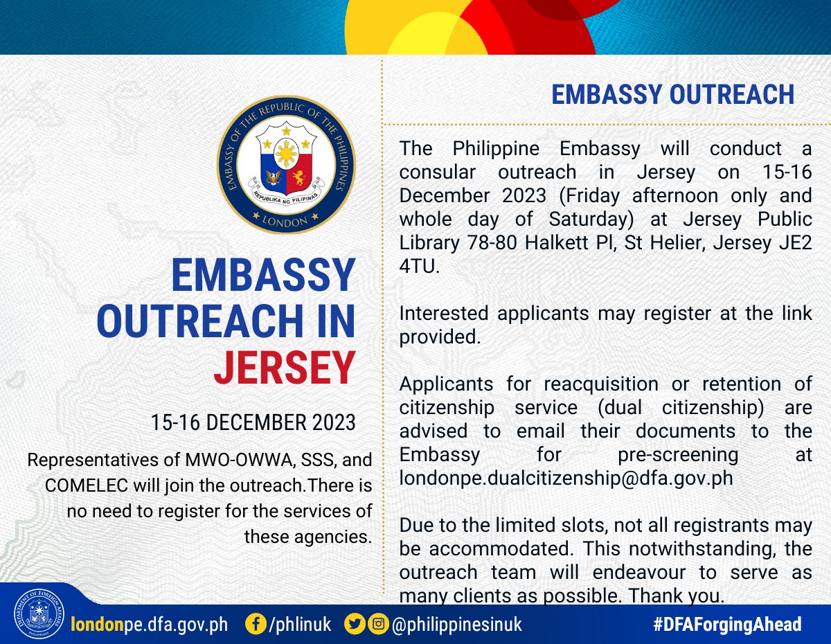 The Philippines Embassy in the UK <a href="/philippinesinuk/">Philippine Embassy in the United Kingdom</a> will provide Consular Services to the Filipino community living in Jersey on Friday 15 December and Saturday 16 December from 9am-5pm at <a href="/JerseyLibrary/">Jersey Library</a> (First Floor).
 
▶️ bit.ly/3RKFfcY

<a href="/GlobalJerseyCI/">Ministry of External Relations Jersey</a>