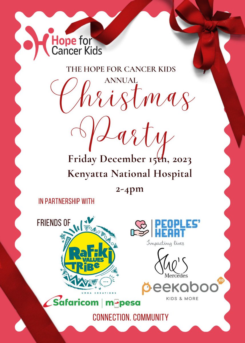 People's Heart invites you to join us this festive season in bringing smiles to children diagnosed with cancer in Kenya. You can reach out for more details or direct your contributions to Lillian Soi +254729639392.
#FestiveGetTogether 
#StrongerTogether