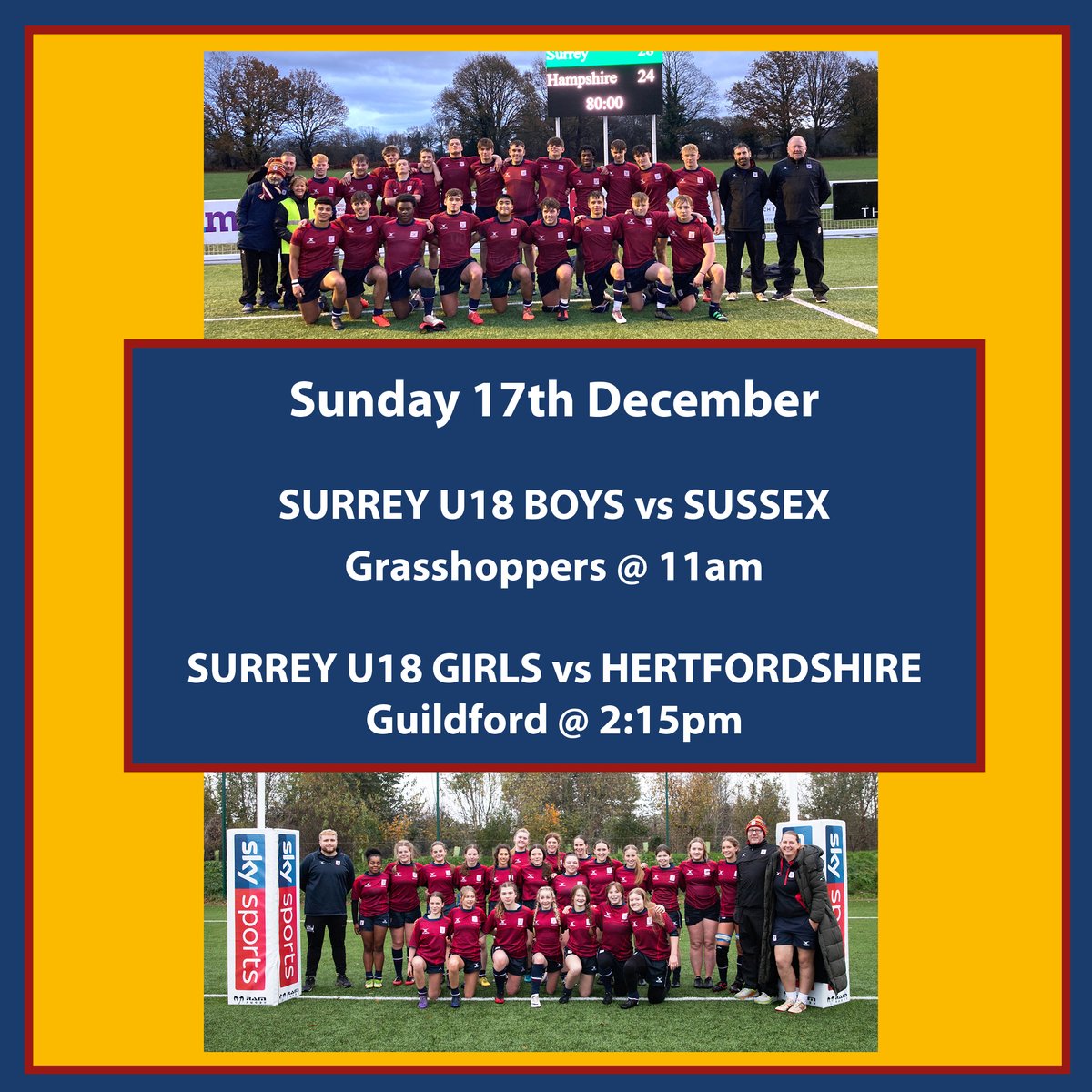 Save the date for more great Under 18 Rep Rugby this weekend! 

Team lists to follow shortly.

#reprugby #countyrugby #surrey 
@sussex_rfu @hertsrfu <a href="/GrasshoppersRug/">Grasshoppers Rugby</a> <a href="/GuildfordianRFC/">Guildfordians RFC</a>