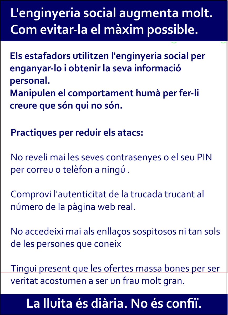 DataRisc's tweet image. Aneu amb compte amb les trucades massa bones. La vostra informació personal és tan valuosa com els vostres diners.

#phishing #engineriasocial #ciberseguretat