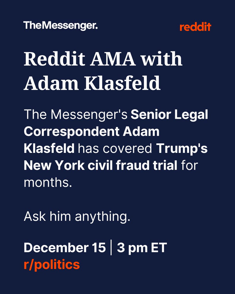 Join Adam Klasfeld (@KlasfeldReports) in r/politics tomorrow at 3 p.m. ET for a Reddit AMA about Trump's New York civil fraud trial. Ask him anything!