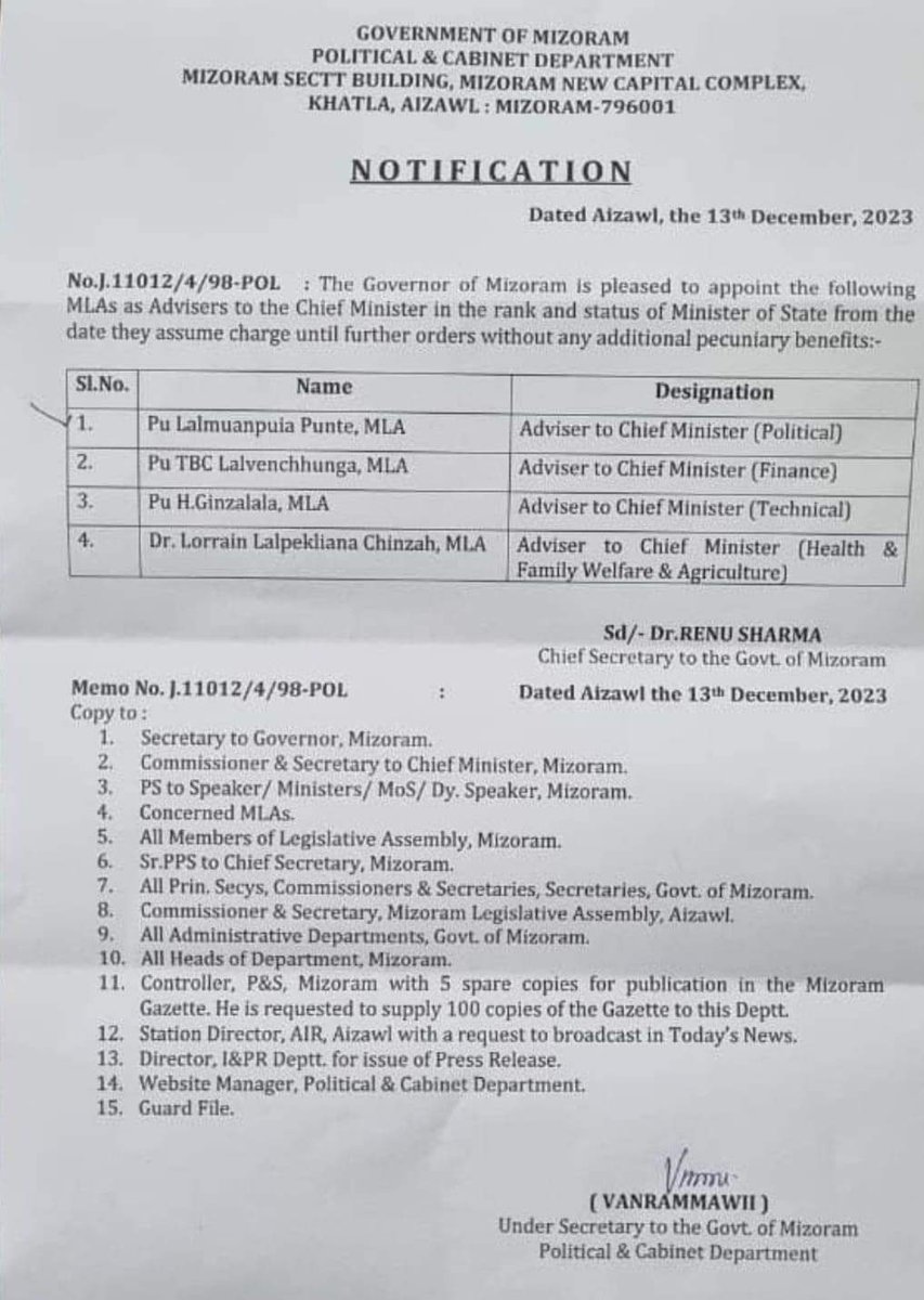 The Governor of Mizoram appointed the following MLAs as Advisers to Mizoram Chief Minister Pu @Lal_Duhoma in the rank and status of Minister of State.