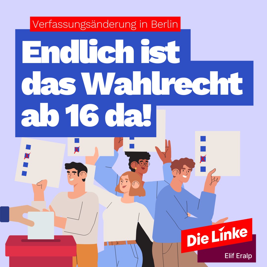Herzlichen Glückwunsch allen Jugendlichen unsrer Stadt zum Wahlrecht im Land Berlin,jetzt endlich ab 16J!👏🏽🎊🎉🥳Dafür habt ihr lange gekämpft&amp;wir an eurer Seite. Wir werden weiter für 1Wahlrecht für alle Jugendlichen kämpfen,auch Derjenigen ohne deutschen Pass. #WahlrechtfürAlle