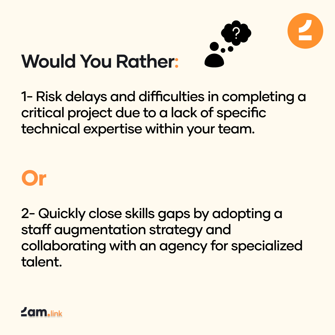 2amlink's tweet photo. Let's play 'Would You Rather' 🤔 
Business Owner Edition!

#business #staffaugmentation #outsourcing #softwaredevelopment #coding #programming https://t.co/5yPFjnzFSg