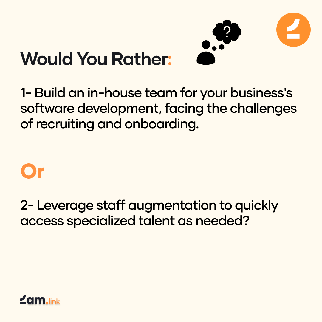 2amlink's tweet photo. Let's play 'Would You Rather' 🤔 
Business Owner Edition!

#business #staffaugmentation #outsourcing #softwaredevelopment #coding #programming https://t.co/5yPFjnzFSg