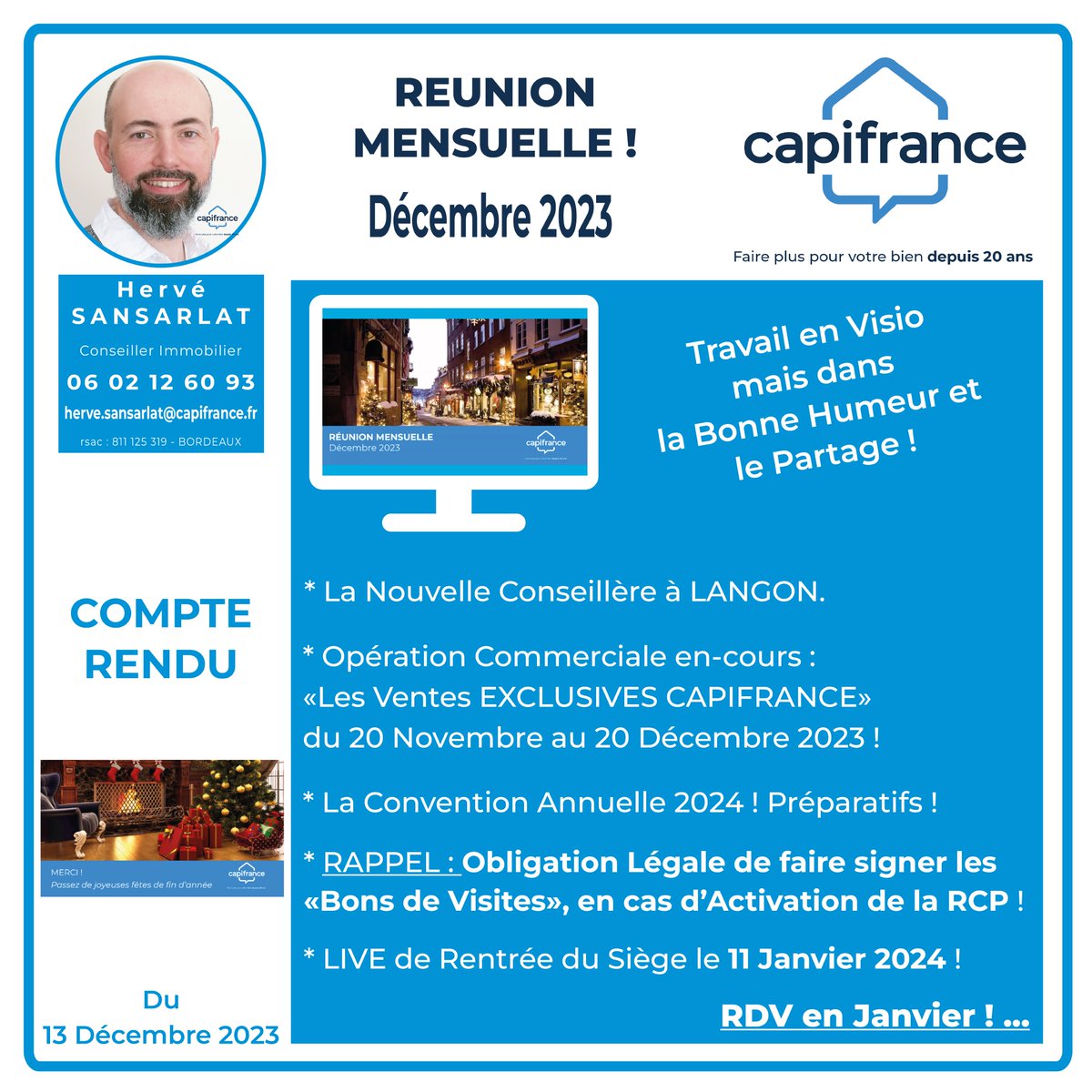 SansarlatC's tweet photo. Bonjour la CAPIVTeam ! 😉

Voici le Compte Rendu de la Réunion Mensuelle d'hier !

A très vite !

Hervé Sansarlat Capifrance EI
06 02 12 60 93
herve.sansarlat@capifrance.fr

#capifrance
#hervesansarlatcapifranceei
#projetimmobilier
#carbonblanc https://t.co/Q49x6660m5