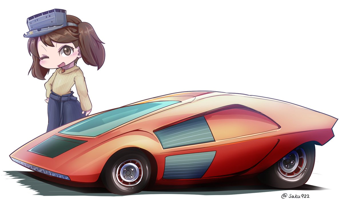 ryuujou (kancolle) 1girl vehicle focus twintails brown hair ground vehicle motor vehicle one eye closed  illustration images