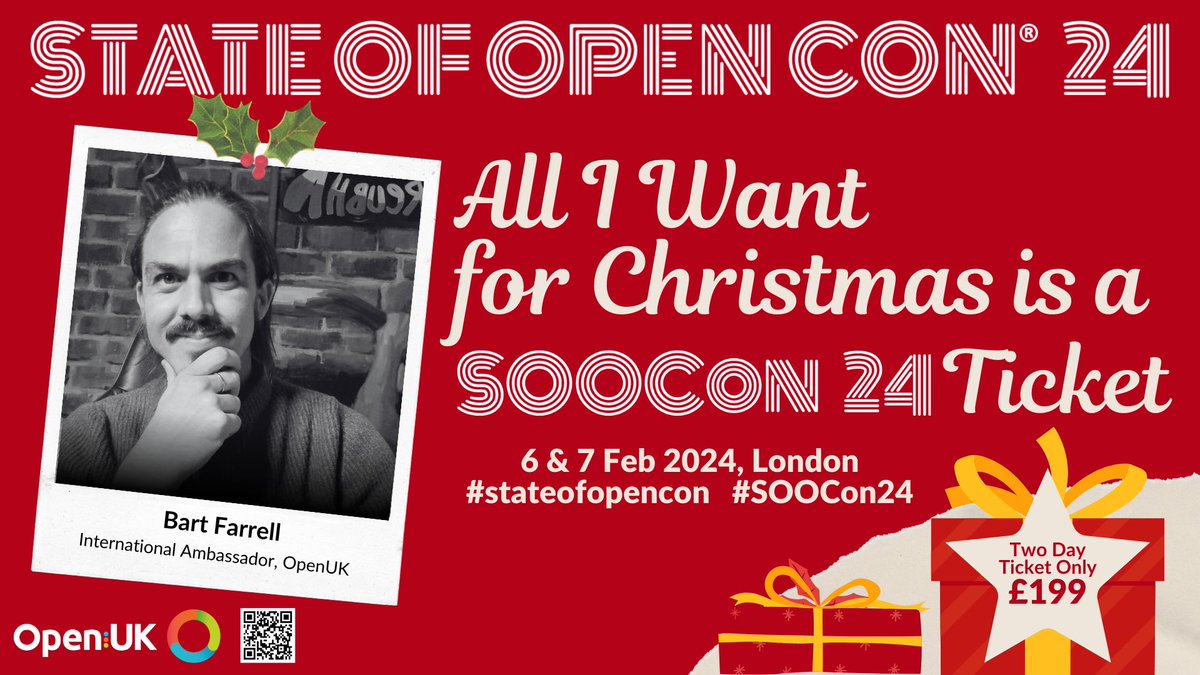 State of Open Con tickets are available! Get your tickets at stateofopencon.com for the bargain £199 for two days. Community, Student and unemployed free tickets available by contacting admin@openuk.uk for a code. #soocon24 #stateofopencon