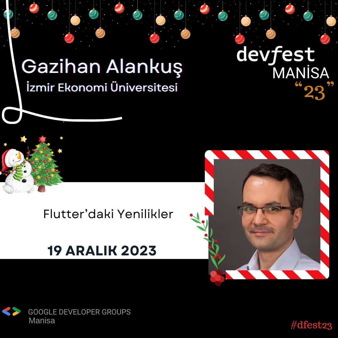 İşte karşınızda DevFest'23 Manisa'nın dördüncü konuşmacısı <a href="/gazialankus/">Gazihan Alankuş 💙</a> 🥳
"Flutter'daki Yenilikler" başlıklı sunumu ile Flutter dünyasına güzel bir başlangıç için hepinizi 19 Aralık Salı günü Manisa Celal Bayar Üniversitesi Prof.Ümit Doğay Arınç Kültür Merkezi’ne bekliyoruz.