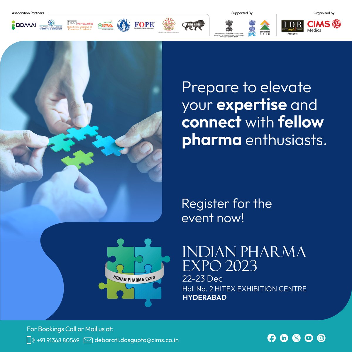 One week to go! 🎉 The excitement is palpable as we're just a week away from the Indian Pharma Expo on 22-23 Dec 2023! 🌟 Don't miss this chance to connect with industry leaders at Hall No.2, HITEX Exhibition Center, Hyderabad. 🏢

Contact us : 9136880569
bit.ly/SocialmediaHDY