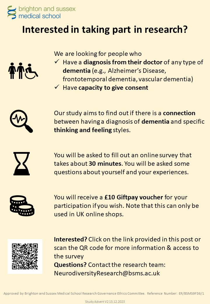 We are looking for people over the age of 50 years with a diagnosis of dementia (e.g., Alzheimer’s Disease, vascular dementia, frontotemporal dementia, etc.) to take part in our study: universityofsussex.eu.qualtrics.com/jfe/form/SV_5t…