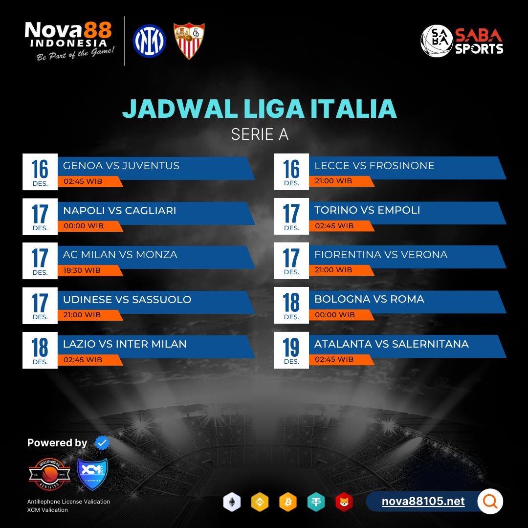 Nova88Sports's tweet photo. 📌Jadwal Sepak Bola Liga Italia
📌16 - 19 Desember 2023

Nova88::
🔗https://t.co/C3IubPjMJY

LiveScore::
🔗https://t.co/O7wB4KK8Eu

#Nova88 #nova88indo #nova88indonesia #nova88official #nova88sports #livescore #hasilpertandingan #nobar #ligaitalia https://t.co/xFx1P8yrIL