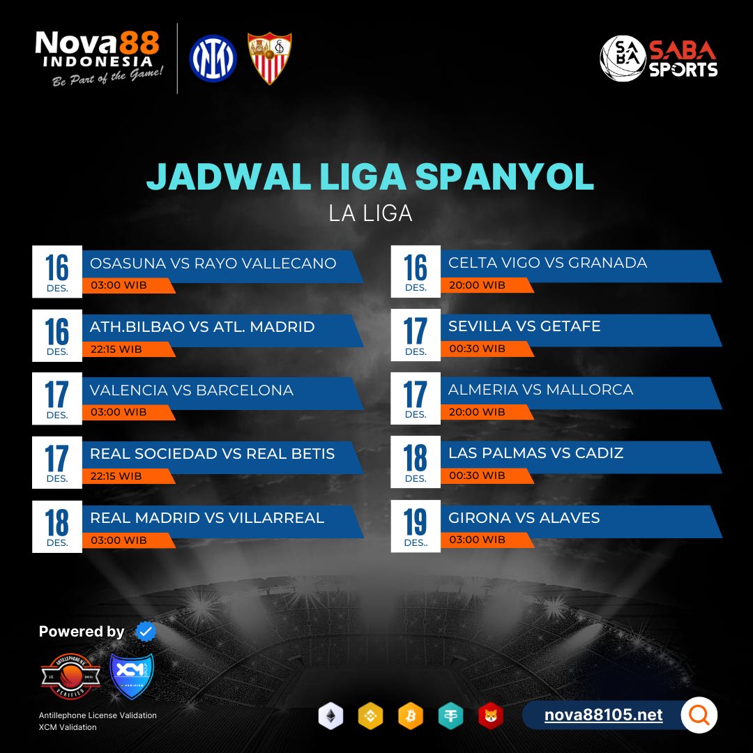 Nova88Sports's tweet photo. 📌Jadwal Sepak Bola Liga Spanyol
📌16 - 19 Desember 2023

Nova88::
🔗https://t.co/C3IubPjMJY

LiveScore::
🔗https://t.co/O7wB4KK8Eu

#Nova88 #nova88indo #nova88indonesia #nova88official #nova88sports #livescore #hasilpertandingan #nobar #ligaspanyol https://t.co/prn52x04tI
