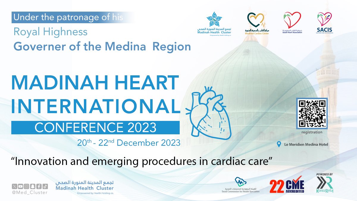 TheSaudiHeart's tweet photo. MADINAH HEART INTERNATIONAL CONFERENCE 2023

📍 22 CME HOURS 
📋 Hybrid Conference &amp; Exhibition
🗓 20-22 December 2023
📋 For more info &amp; Registration : 
https://t.co/Lw8H5lWnL7 https://t.co/eNQt6Ppg29