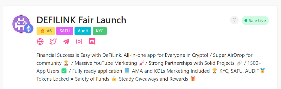 DefiLink_app's tweet image. Sixth in the trends! Can we push a bit more and take the first place sooner?
Drop your reactions and head over to PinkSale to buy right now!
PINKSALE 🩷: pinksale.finance/launchpad/0x8D…
