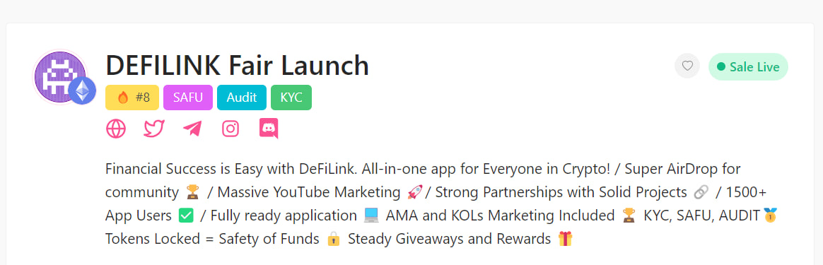 DefiLink_app's tweet image. THE ENTIRE TEAM REMINDS YOU...
That there's almost nothing left until the end of the PreSale. Only 1 day left to conclude our massive PreSale.
You still have time. Follow the link!
PINKSALE 🩷: pinksale.finance/launchpad/0x8D…