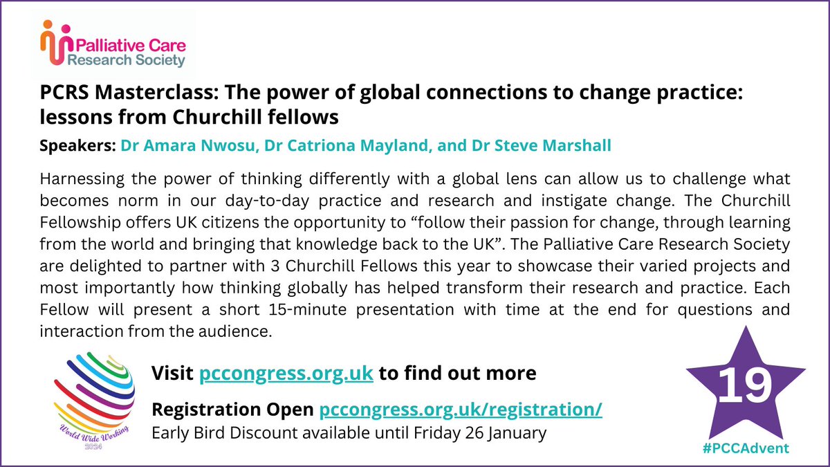 🎁Day 19 #PCCAdvent @PCRScommittee PCRS Masterclass: The power of global connections to change practice: lessons from Churchill fellows Dr Amara Nwosu, Dr Catriona Mayland & Dr Steve Marshall Book your place pccongress.org.uk/registration/ #PCC2024