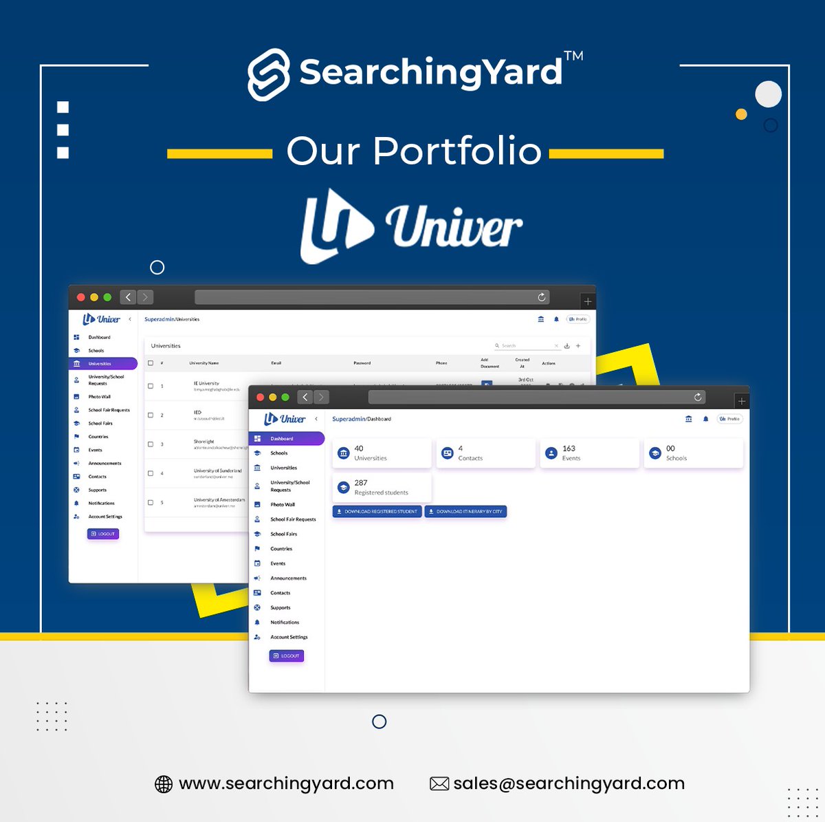 YardSearching's tweet image. Exciting news! We successfully developed &amp;amp; delivered: 𝐔𝐍𝐈𝐕𝐄𝐑 𝐓𝐎𝐔𝐑𝐒, A cutting-edge, cloud-based Education Fair CRM designed for the new age of learning. ⁣
⁣
#UNIVERTOURS #EdTechRevolution #CloudEducation