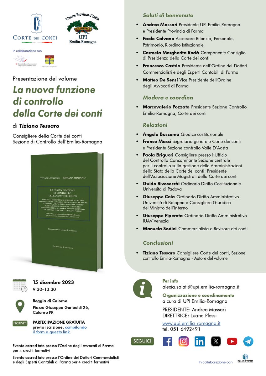Nella prestigiosa sede della Reggia di Colorno, venerdì 15 dicembre <a href="/Upi_ER/">UPI Emilia-Romagna</a> organizza l’evento di presentazione del volume “La nuova funzione di controllo della Corte dei conti” di #TizianoTessaro, Consigliere della Corte dei conti ➡️ bit.ly/3Nr0hdW