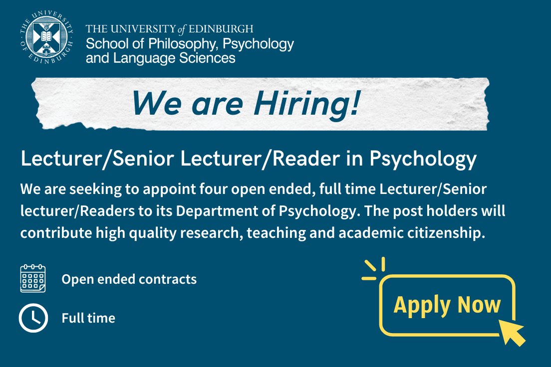 We are looking for applicants who will engage in research & teaching activities of the highest quality. If your work focuses of #differentialpsychology, #humancognitivepsychology or #socialpsychology we want to hear from you. Learn more: edin.ac/3GEJzUz @EdinburghUni