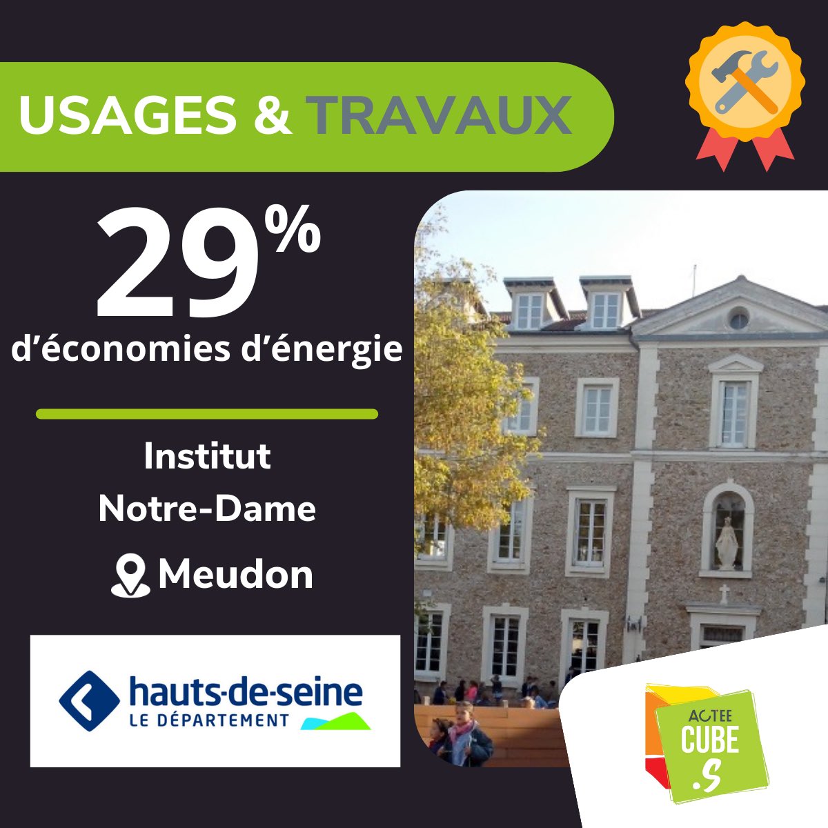 CubeScolaire's tweet photo. Cette année, nous remettons exceptionnellement un prix CUBE Usages et Travaux à l’Institut Notre-Dame de Meudon du @hautsdeseinefr qui a réalisé des travaux accompagnés par l’action Humaine 👉🏽 29% d’éco d’énergie et une réduction de 33% de ses émissions de gaz à effet de serre 🛠️ https://t.co/scVr5VJass