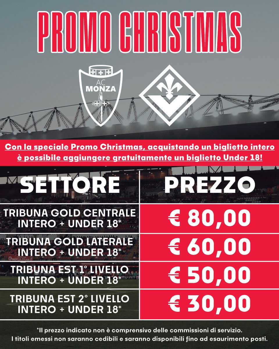 ACMonza's tweet photo. #MonzaFiorentina: Under 18 gratis con la Promo Christmas! ππ€©
Acquistando un biglietto intero Γ¨ possibile aggiungere gratuitamente un biglietto Under 18 ποΈπ
Acquista ora π https://t.co/QgiCpPAERo
TUTTI ALLO STADIO! ποΈ
#ACMonza #PromoChristmas #SerieATIM #Christmas https://t.co/pPHSnl6Ktv