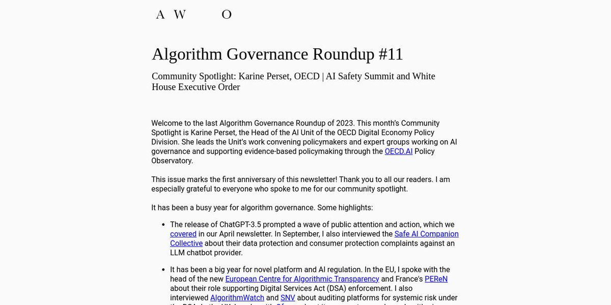 A__W______O's tweet photo. December's Algorithm Governance Roundup is out - and it's our first year anniversary! We spoke to Karine Perset @OECD about her work, including the development of an AI incident reporting framework &amp; taxonomy and the https://t.co/WsbQBMNMMp Observatory.👇
https://t.co/FJOATFLCPW https://t.co/be1Rtl0BkD