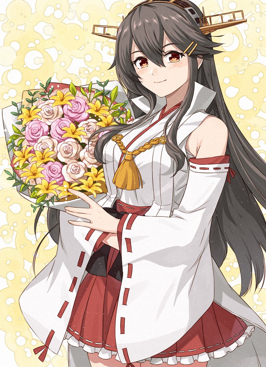 haruna (kancolle) ,haruna kai ni (kancolle) 1girl long hair solo skirt detached sleeves headgear bouquet  illustration images