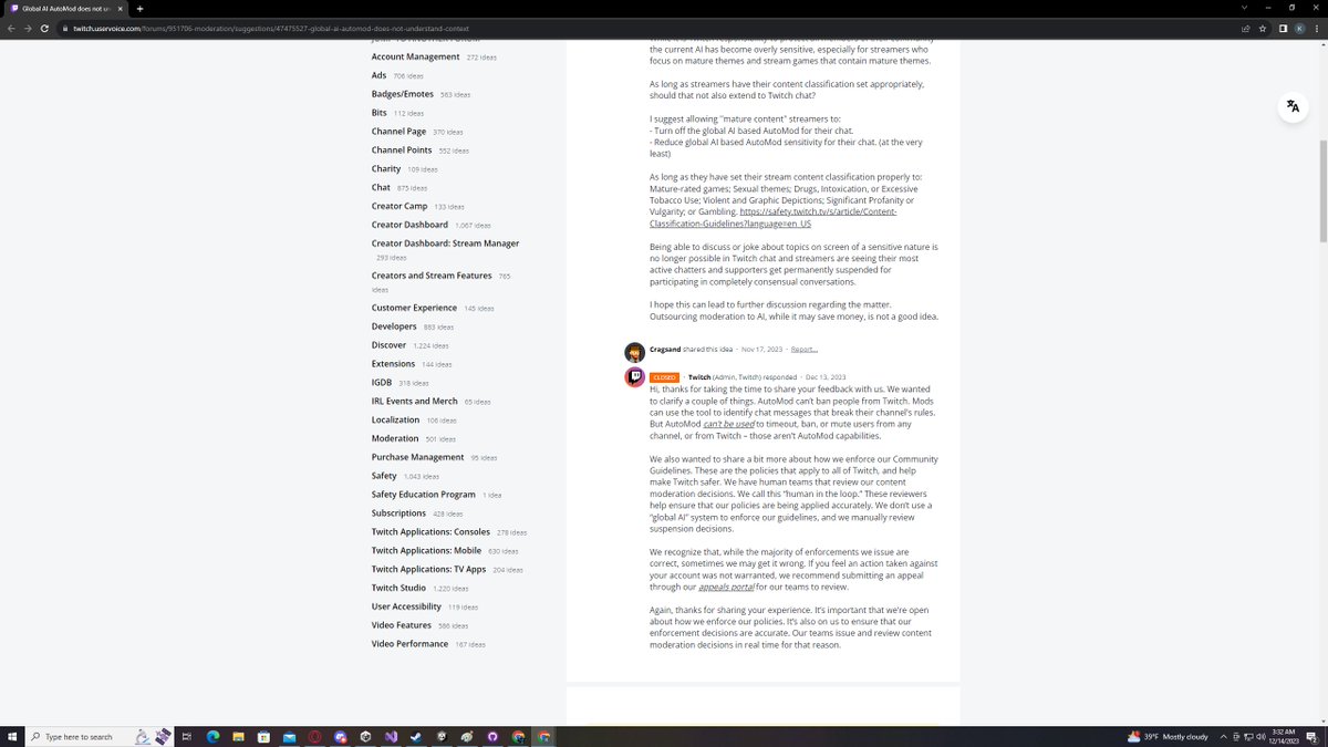 StudioDreadLLC's tweet photo. @PirateSoftware No stream today so I can't TTS this but I was wondering if you saw this/if you have any thoughts on it? Seems to me like either they're lying about the AI automod, or they're telling the truth and twitch employees are banning people live without ToS violations. https://t.co/xZYZPcJsjr